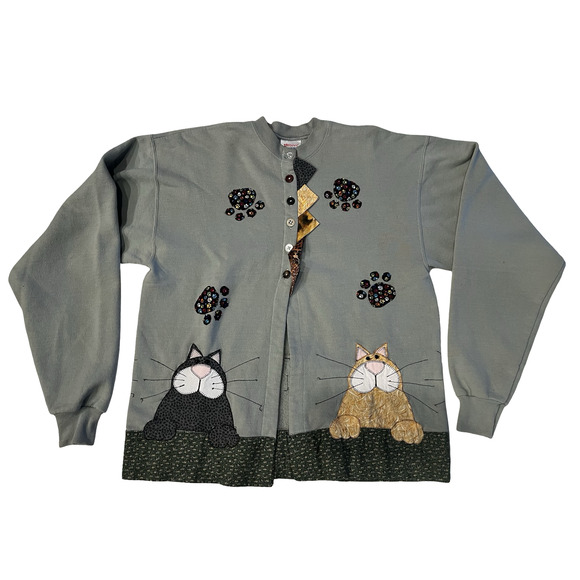Hanes Cardigan Sweater Womens Medium Cat Applique Button Front Animal Novelty - Picture 1 of 13